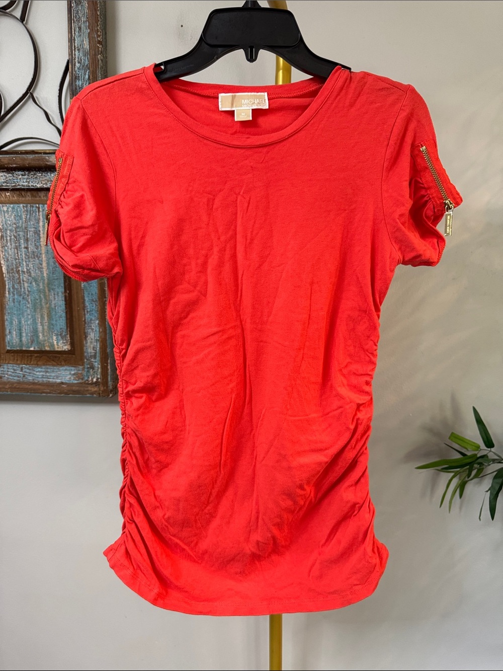 Michael Kors Coral Short Sleeve Tee with Side Ruched Detail
